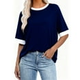 thumbnail image 4 of Women's Casual Loose Fit T-Shirt Contrast Trim Short Sleeve Summer Top Lightweight Comfy Tee Navy XXXXL, 4 of 5