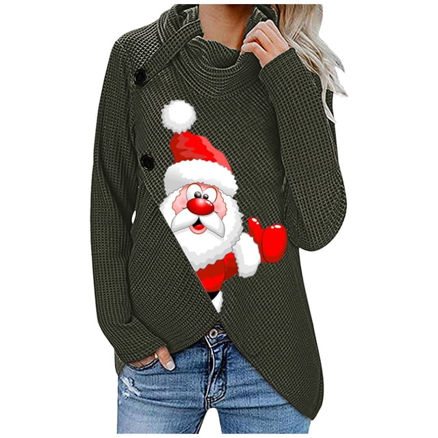 Blouse à Manches Longues avec Imprimé de Noël pour Femmes, Col Roulé à Boutons, Chandail en Molleton, Chandail