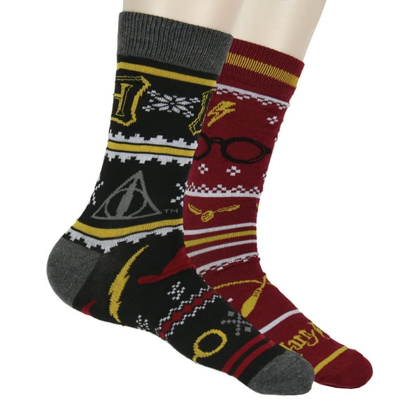 Harry Potter Men's Hogwarts and Quidditch Allover Designs 2 Pack Mid-Calf Adult Crew Socks