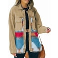 thumbnail image 3 of Women'S Loose Lapel Long-Sleeved Denim Patchwork Jacket Retro Raw Edge Mid-Length Jacket Khaki S, 3 of 6