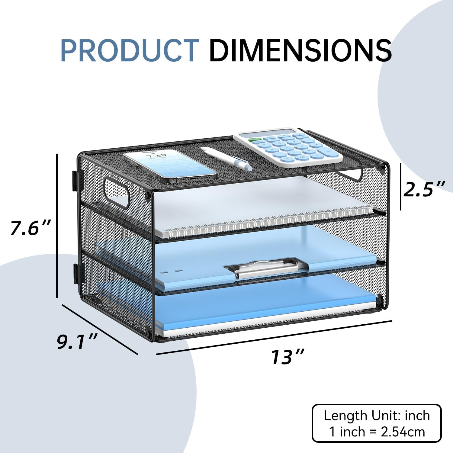 INTIGE 3-Tier File Organizer with Handles, Mesh Desktop Storage Cabinet, Suitable for Home and Office, Black