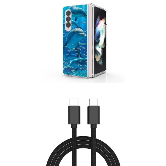 Accessory Bundle for Galaxy Z Fold 4: Slim Snap-On Case (Dolphins), PD Power Delivery USB-C to USB-C Cable (3 Feet)