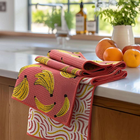Waffle Kitchen Towel Set of 2 - Quick Dry Microfiber Dish Towels - Ultra Absorbent Reusable Cleaning Towels - 16" x 28", Banana Joy