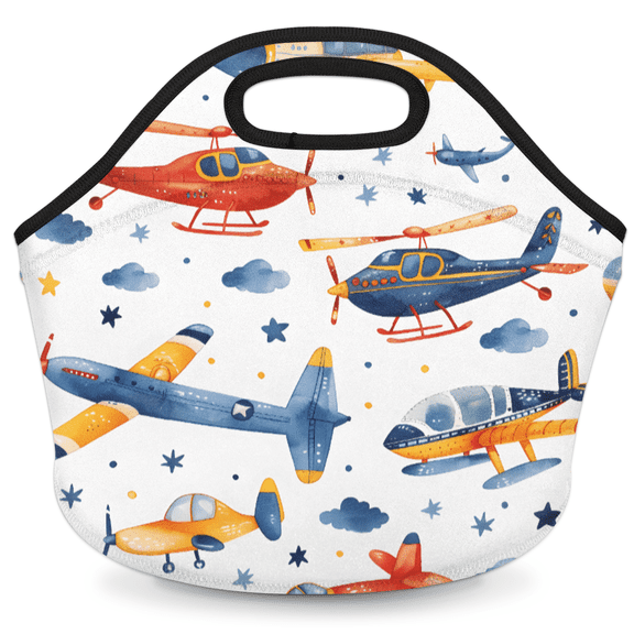 Herdesigns Airplane Neoprene Lunch Bag, Cartoon Insulated Lunch Box for Women Men Washable Lunch Tote Soft Lunch Container With Zipper for Work Picnic Travel