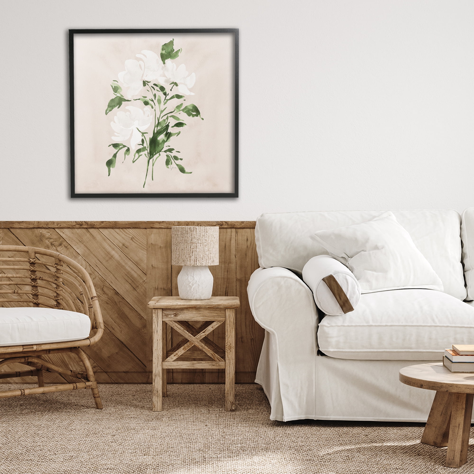 Stupell Industries White On Tan Blossom Black Framed Giclee Art, design by Lucille Price