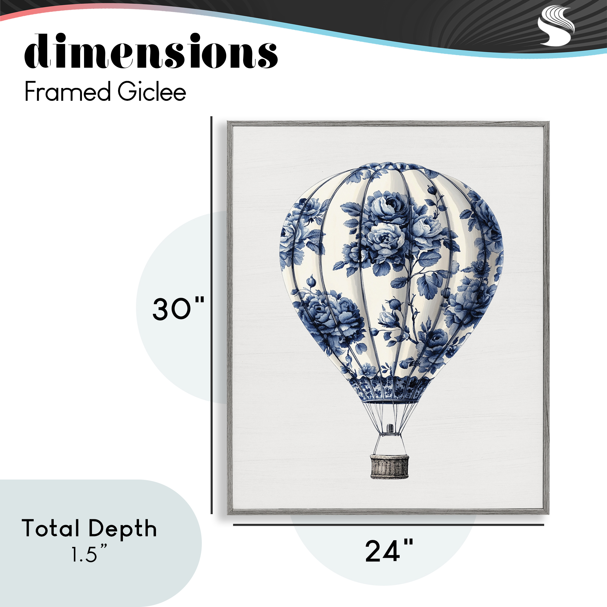 Vintage Toile Hot Air Balloon Gray Framed Giclee Art, design by Lettered and Lined