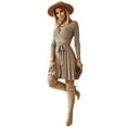 thumbnail image 3 of hirigin Women Fashion Wild Sweater Dress Solid Color V-Neck Long Sleeve A-line Dress Autumn Winter Knitted Pleated Dress with Belt, 3 of 9