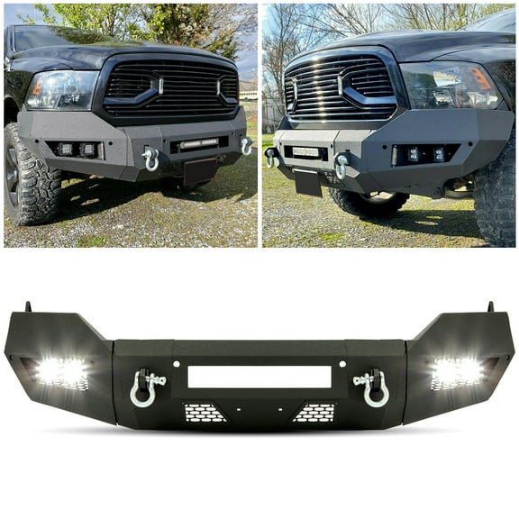 Kojem Front Bumper Off-road 3-Piece Modular for Dodge Ram 1500 Classic 2WD/4WD 2013-2021 14 15 16 17 18 19 20 with 4 LED Lights Textured Black