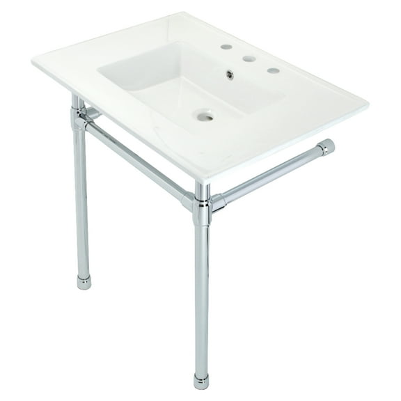 Kingston Brass KVPB31227W81 Dreyfuss 31" Ceramic Console Sink with Stainless Steel Legs (8-Inch, 3-Hole), White/Polished Chrome