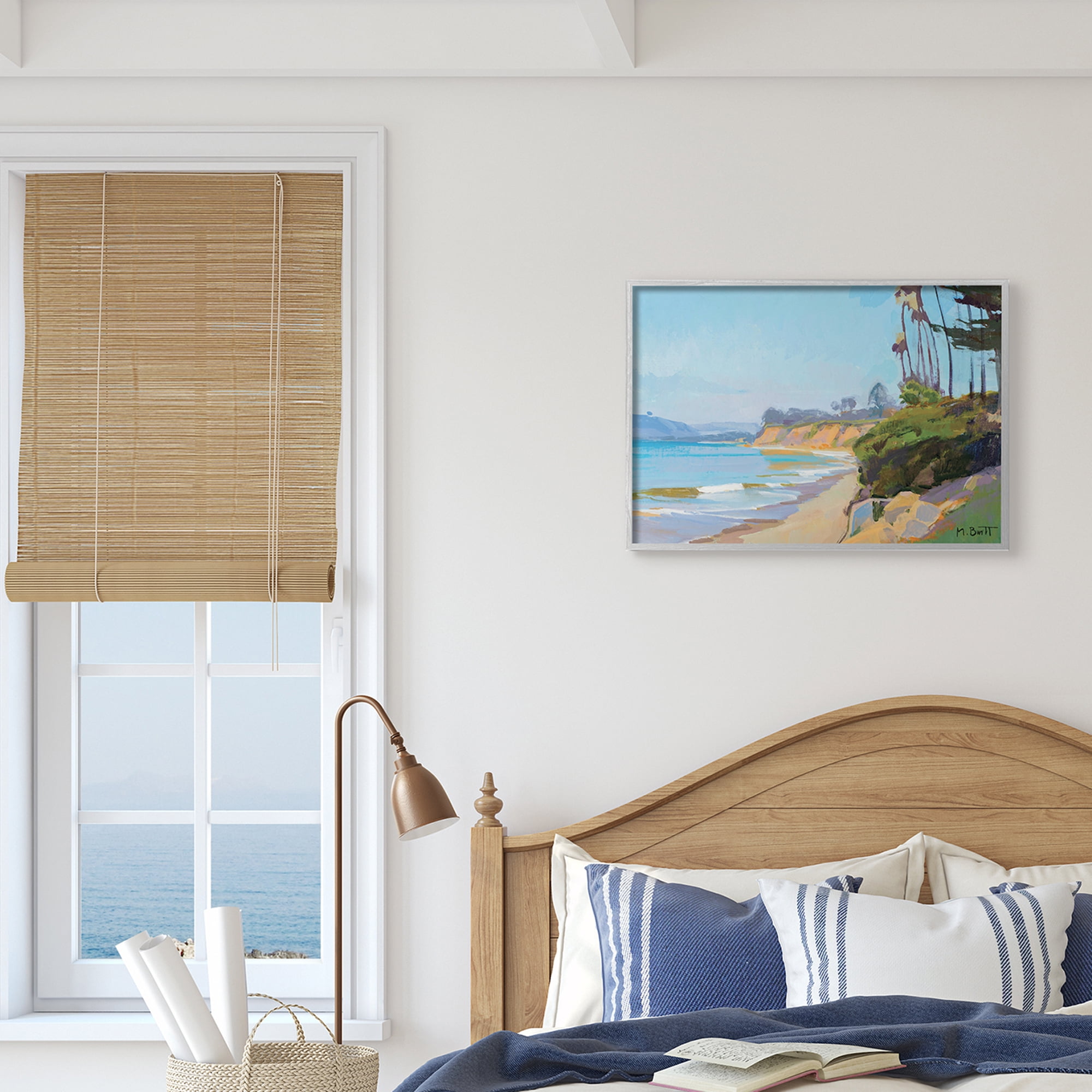 Stupell Industries Tropical Beach Coast Palm Tree Sea Cliffs Paintings Gray Framed Art Print Wall Art, 16x20, by Marcia Burtt