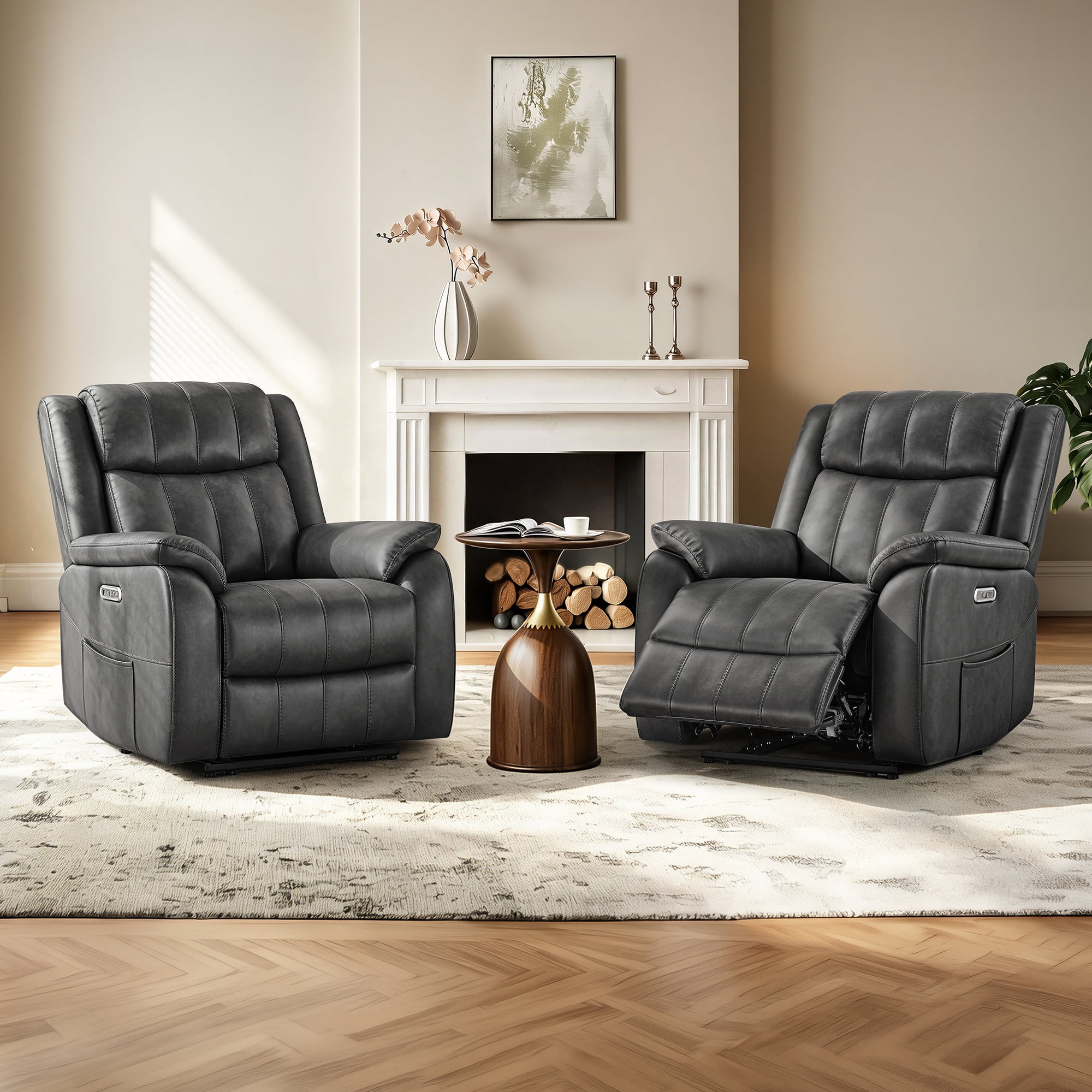 Spruce & Spring Power Recliner Chair, Modern Faux Leather Wall Hugger Electric Recliner Sofa with Channel Tufted Back and Overstuffed Armrests, Adjustable Living Room Single Sofa, Gray