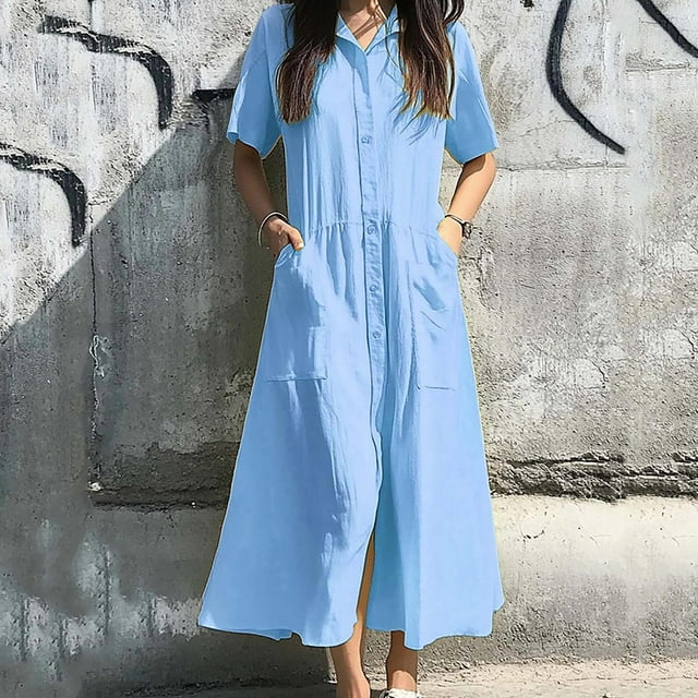 Ovzne Robes pour Femmes Robe Décontractée à Manches Courtes avec Poches Long Cardigan Chemise Multicolore Robe d'Été à Manches Courtes en Liquidation