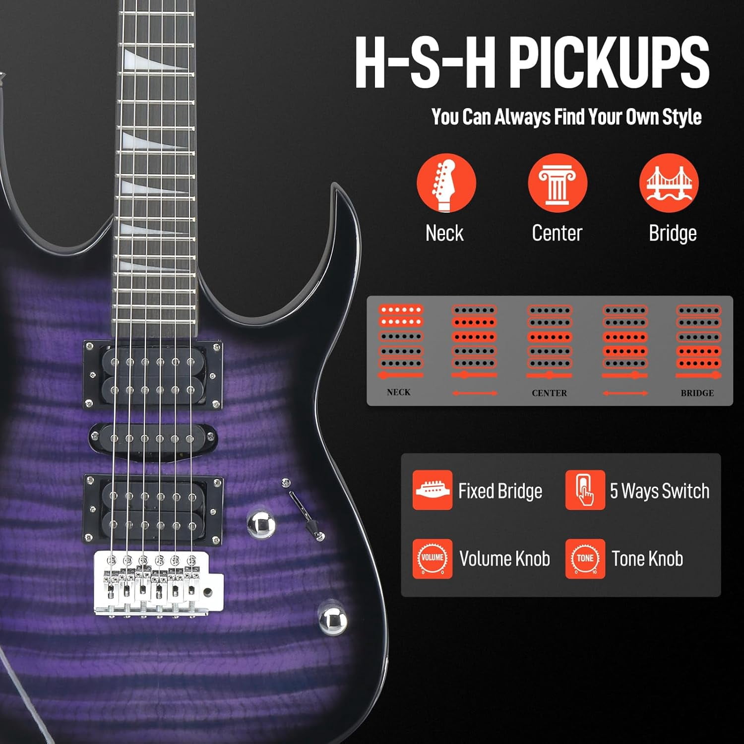 Hassch Electric Guitar, 39 inch Beginner Electric Guitar Kit with Amp, Bag, Strap, Capo, Cable, Plectrum, Tremolo Arm and Wrench Tool, Purple