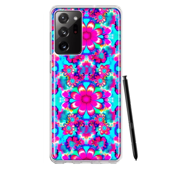 MUNDAZE Samsung Galaxy Note 20 Ultra Pink Blue Vintage Hippie Tie Dye Flowers Shockproof Clear Hybrid Protective Phone Case Cover