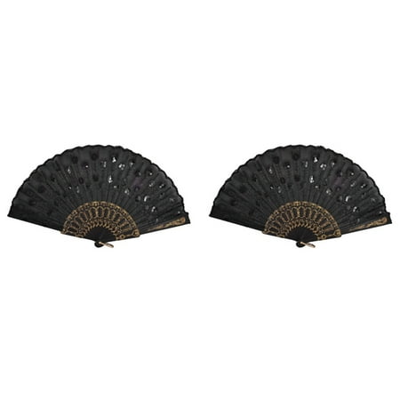 

2X Black Plastic Frame Embroidery Floral Detail Folding Hand Fan
