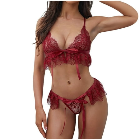 

wendunide underwear women Women Lingerie Lace Bra Underwear Sleepwear G-string Pajamas Thong Wine XXL