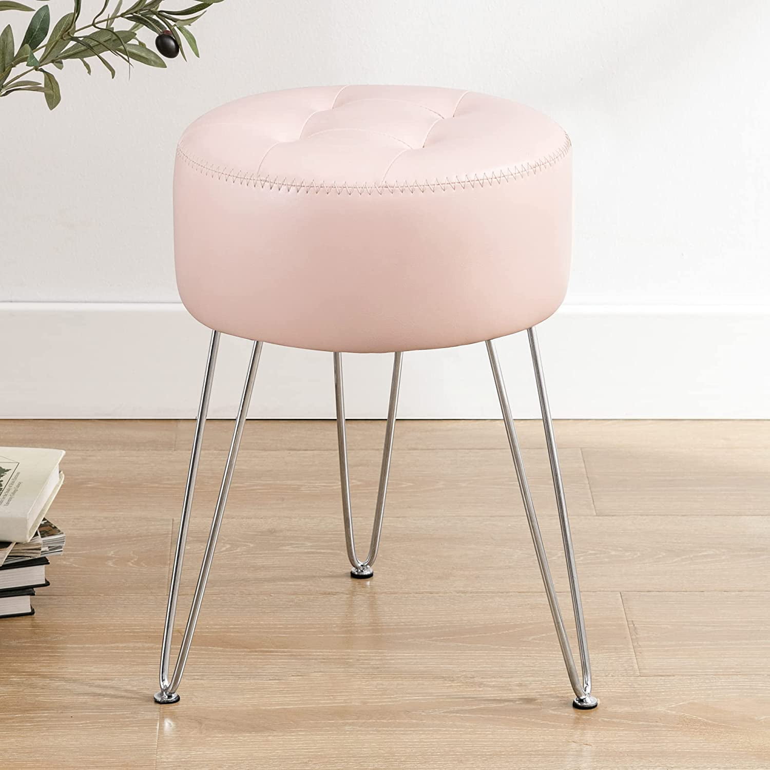 LUE BONA Small Vanity Stool Chair for Makeup Room， Brown Stool for Vanity 19\u201D Height Tufted