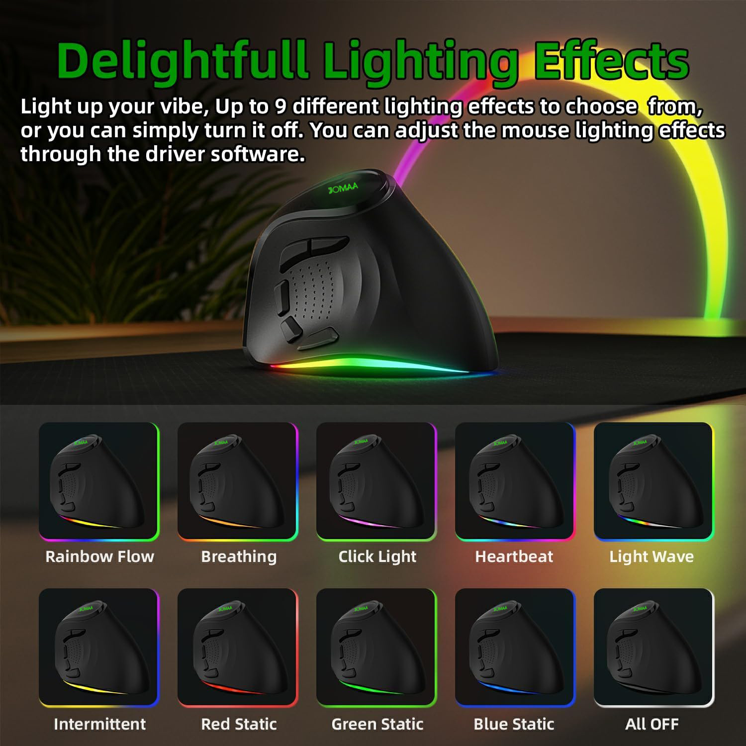 Jomaa 2.4G+Bluetooth Ergonomic Vertical Wireless Mouse 4000 DPI RGB Backlit Rechargeable Wireless Mouse Slient Click