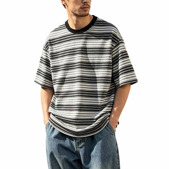 Mens Pique Shirts Lightweight Striped Crew Neck Short Sleeve In A Sporty Style Mens New Clothing,Grey,2XL