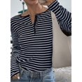 thumbnail image 4 of Women's Henley Neck Striped Long Sleeve Slim Fit Knit Top Navy Blue XL, 4 of 9