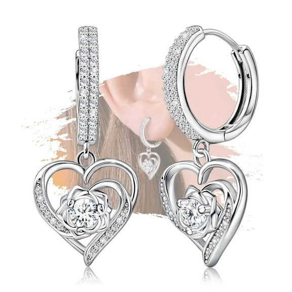 Sterling Silver Dangle Hoop Earrings Charms Love Heart with Rose Flower Hypoallergenic Fashion Jewelry Dainty Birthday Gift