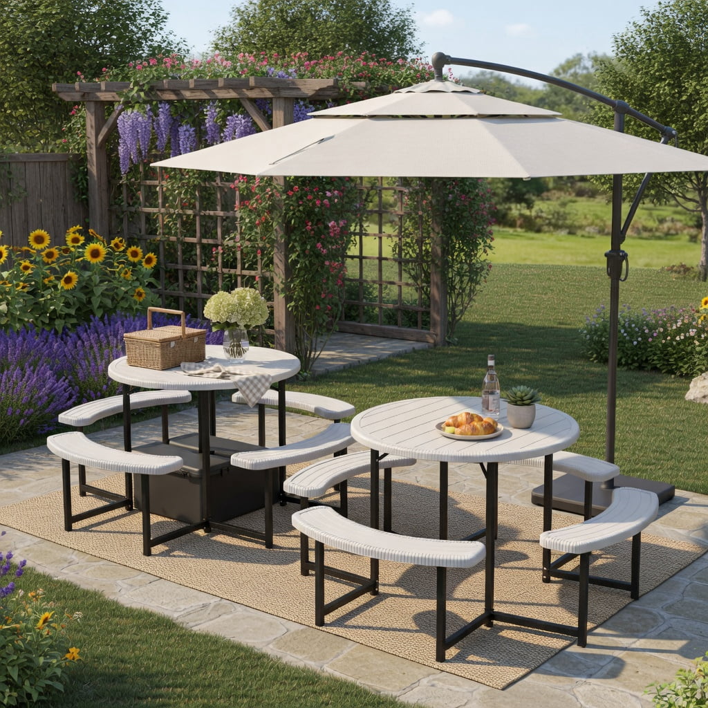 Hommoo Round Outdoor Picnic Table Set with 4 Matching Benches & Umbrella Hole, Weather-Resistant HDPE Top, Heavy-Duty Metal Frame, White