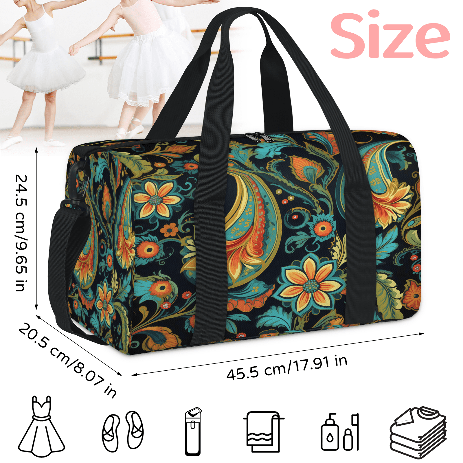 Herdesigns Paisley Flowers Gym Bag for Women, Duffle Bag for Travel Sport, Lightweight Waterproof Carry on Weekender Overnight Dance Yoga Workout Bags