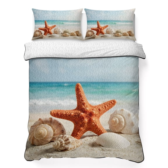 Quilts Twin Size Bedding Set, Coastal Seashells Lightweight Quilted Comforter, Tropical Beach Starfish Ocean Horizon Soft Reversible Bedspread Coverlet with Pillow Covers for All Season, 68" x 86"
