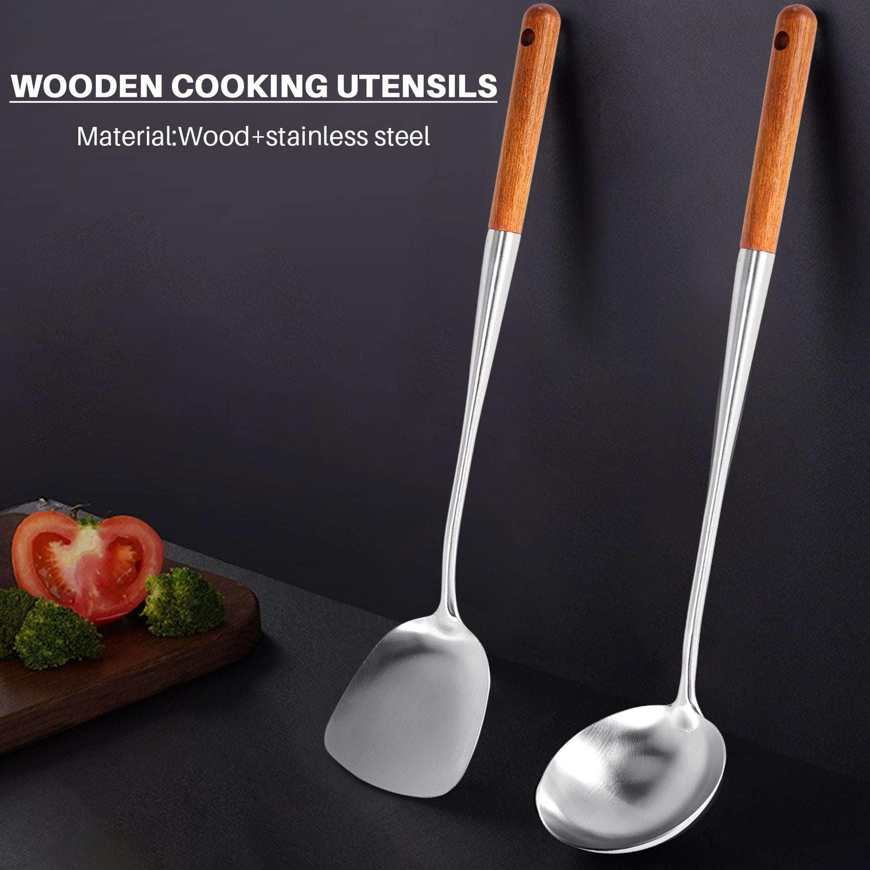 Long Handle Stainless Steel Wok Kitchen Slotted Turner Rice Spoon Ladle Cooking Tools Utensil Set