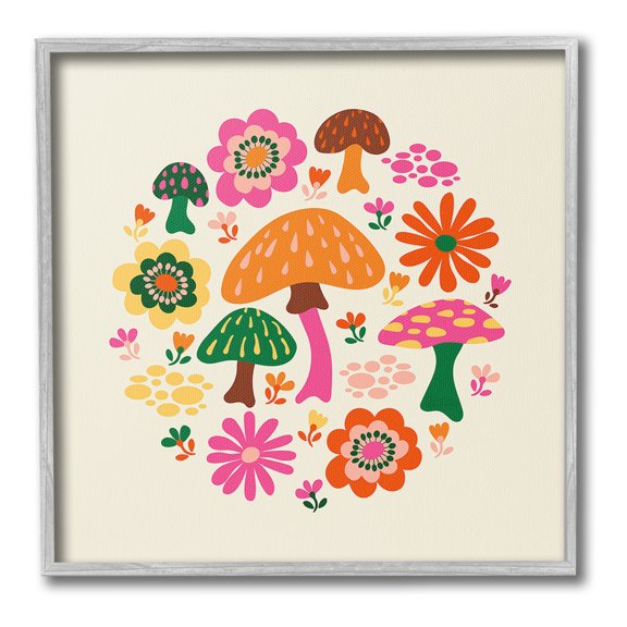 Stupell Industries Groovy Mushrooms & Daisies Botanical & Floral Painting Gray Framed Art Print Wall Art, 24 x 24