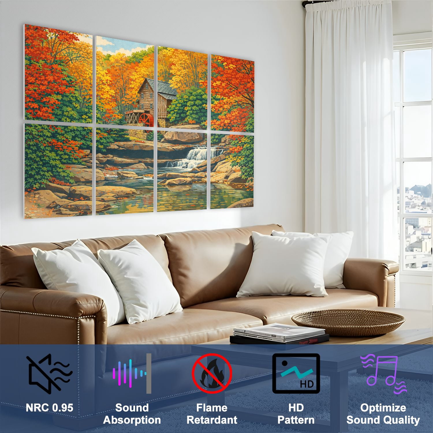 8 Pack Art Acoustic Panels Sound Absorbing Glade Creek Grist Mill nostalgia blazing autumn colors West Decorative Soundproof Wall Panels Self Adhesive for Nursery Game Room Bedroom 48"x32"