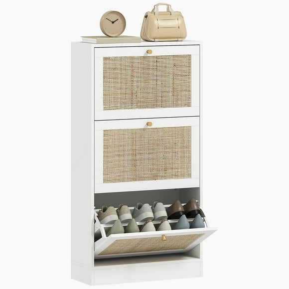 HOMCOM Rattan Shoe Storage Cabinet Organizer with 3 Flip Drawers