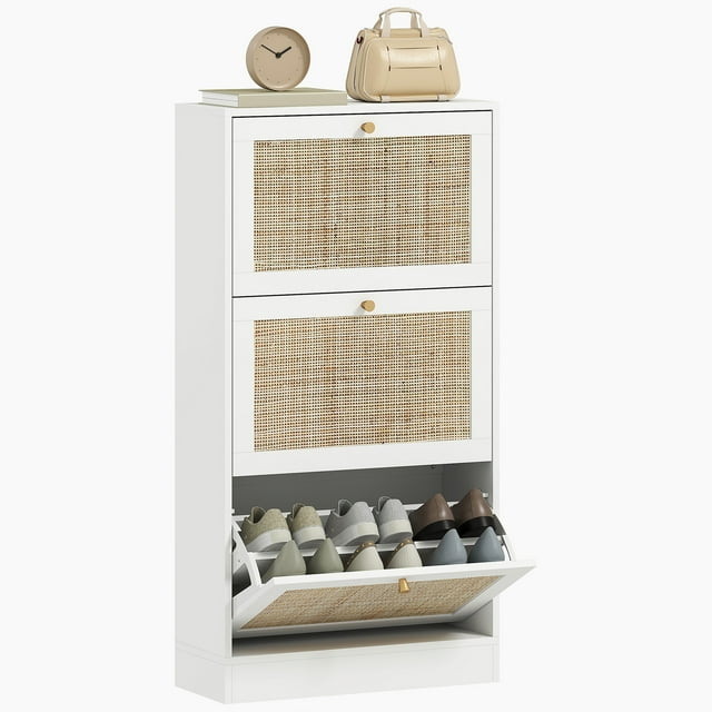 HOMCOM Rattan Shoe Storage Cabinet Organizer with 3 Flip Drawers