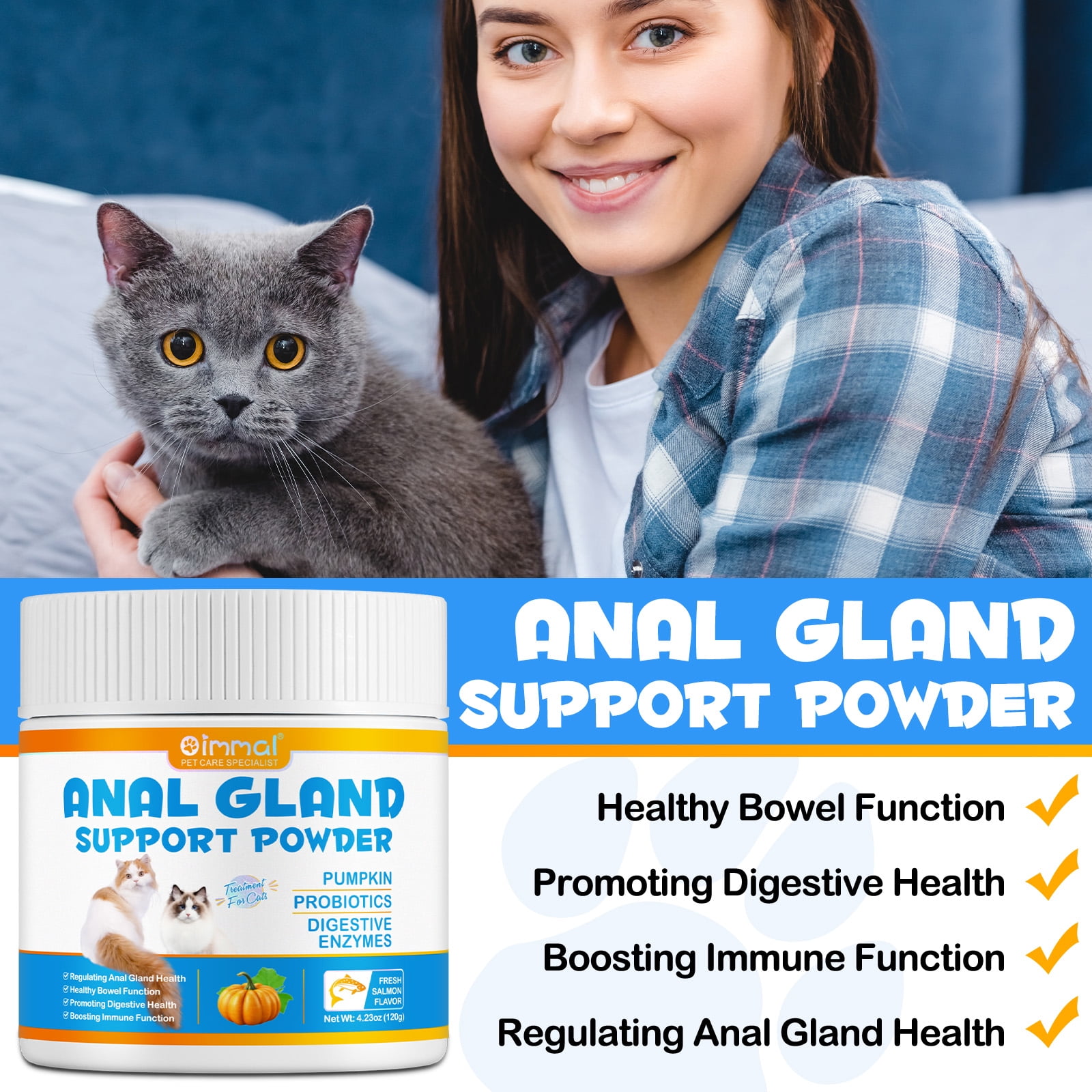 Oimmal Cat Anal Glands Powder with Pumpkin, Probiotics & Digestive Enzymes, for Healthy Anal Gland & Bowel Function - Boot The Scoot (Salmon Flavor, 120gX2pack)