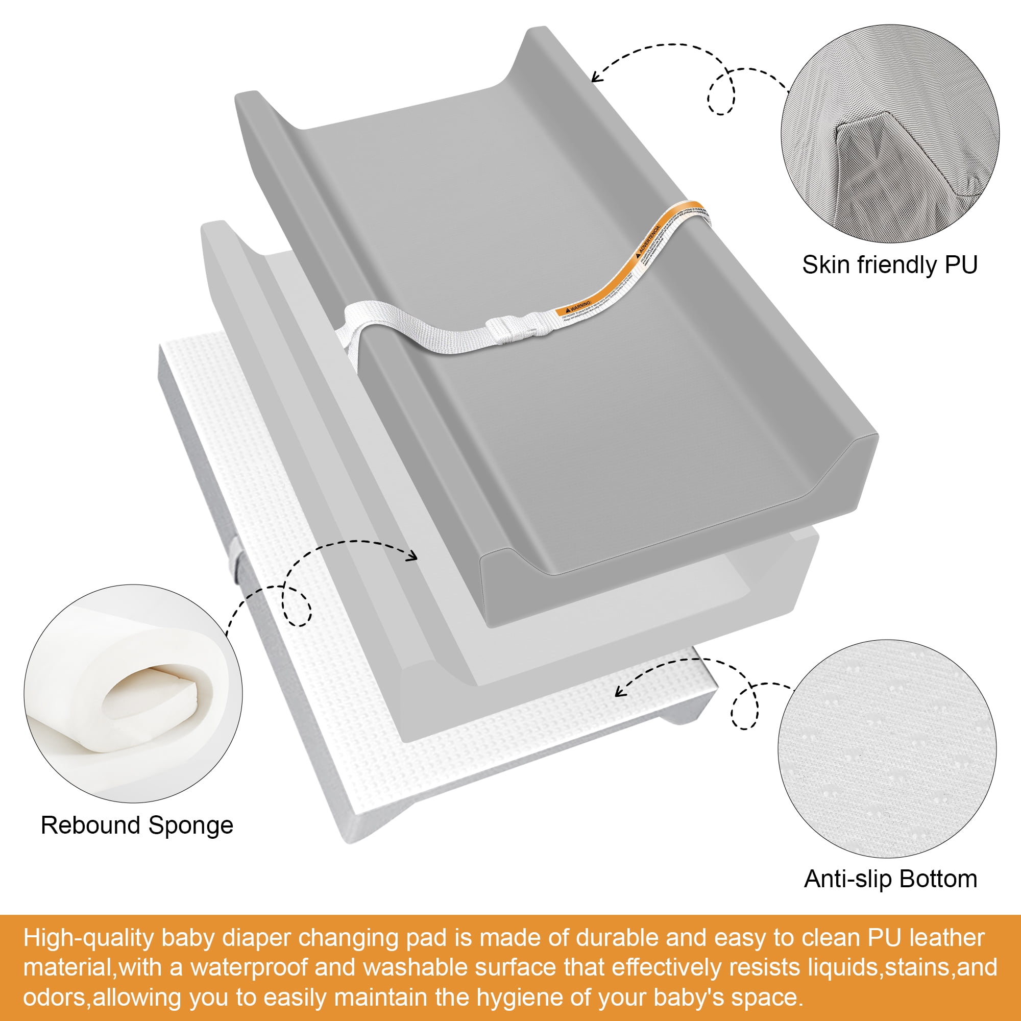 Baby Changing Pad, Qissep Vegan Leather Baby Changing Pad, Waterproof & Wipeable Soft Diaper Changing Pad for Dresser & Table, Grey, 32 x 16 x 4 inch
