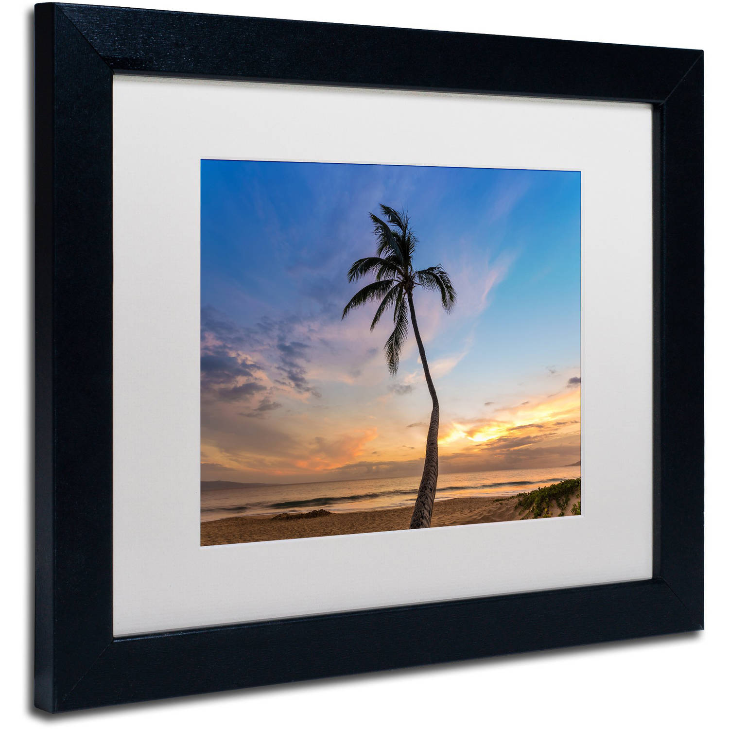 Trademark Fine Art 'Sunset Palm Tree' Canvas Art by Pierre Leclerc, White Matte, Black Frame