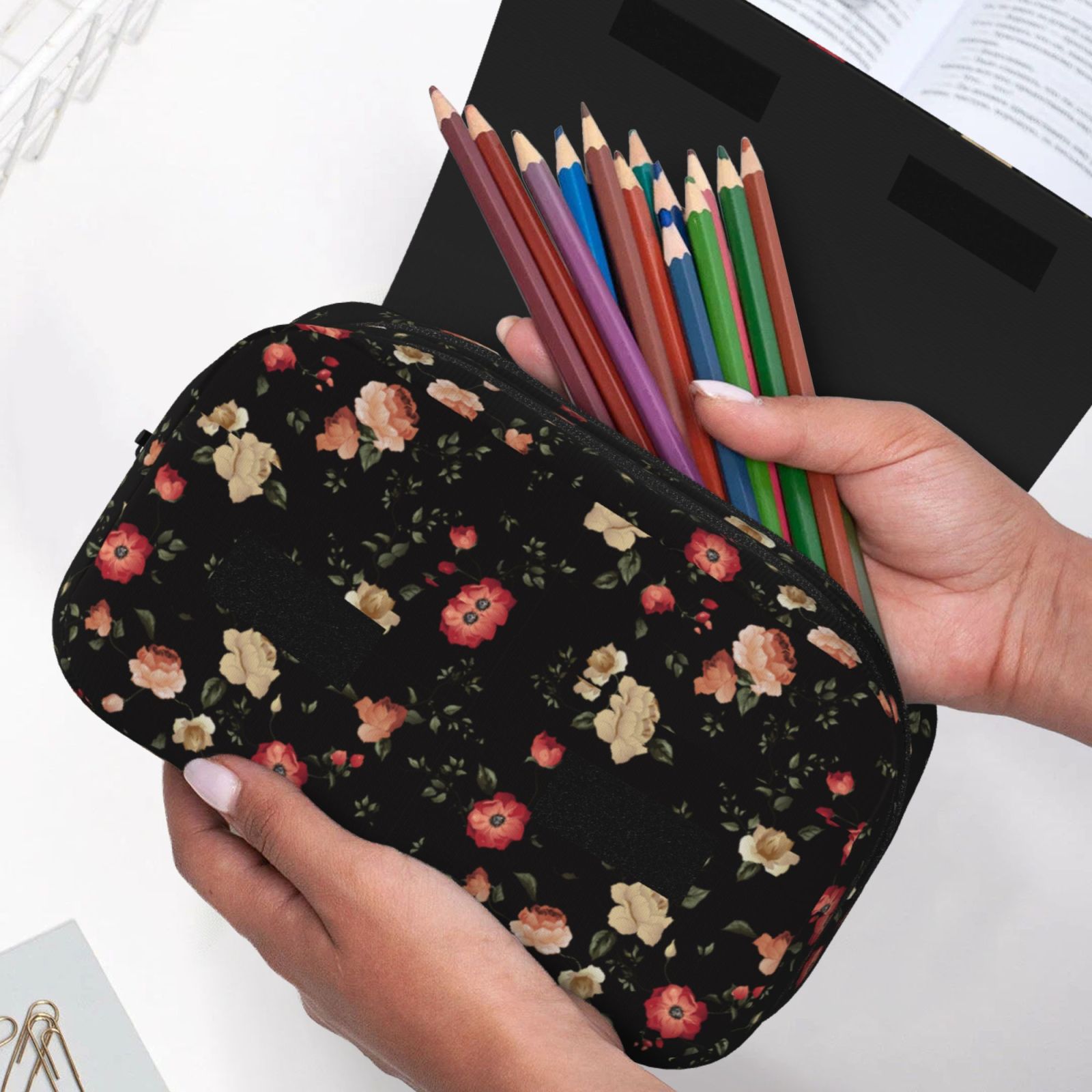 Rateoe Red White Flowers Pattern Double Clamshell Pen Case, Storage Organizer with Two Zipper Compartments– Holds Up to 50 Pencils & Pens