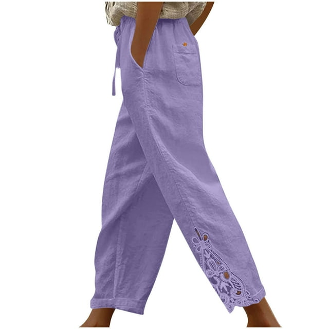 Lenpel Cotton Linen Pants for Women High Waisted Drawstring Lace Hem Wide Leg Cropped Pants Ankle Length Trousers