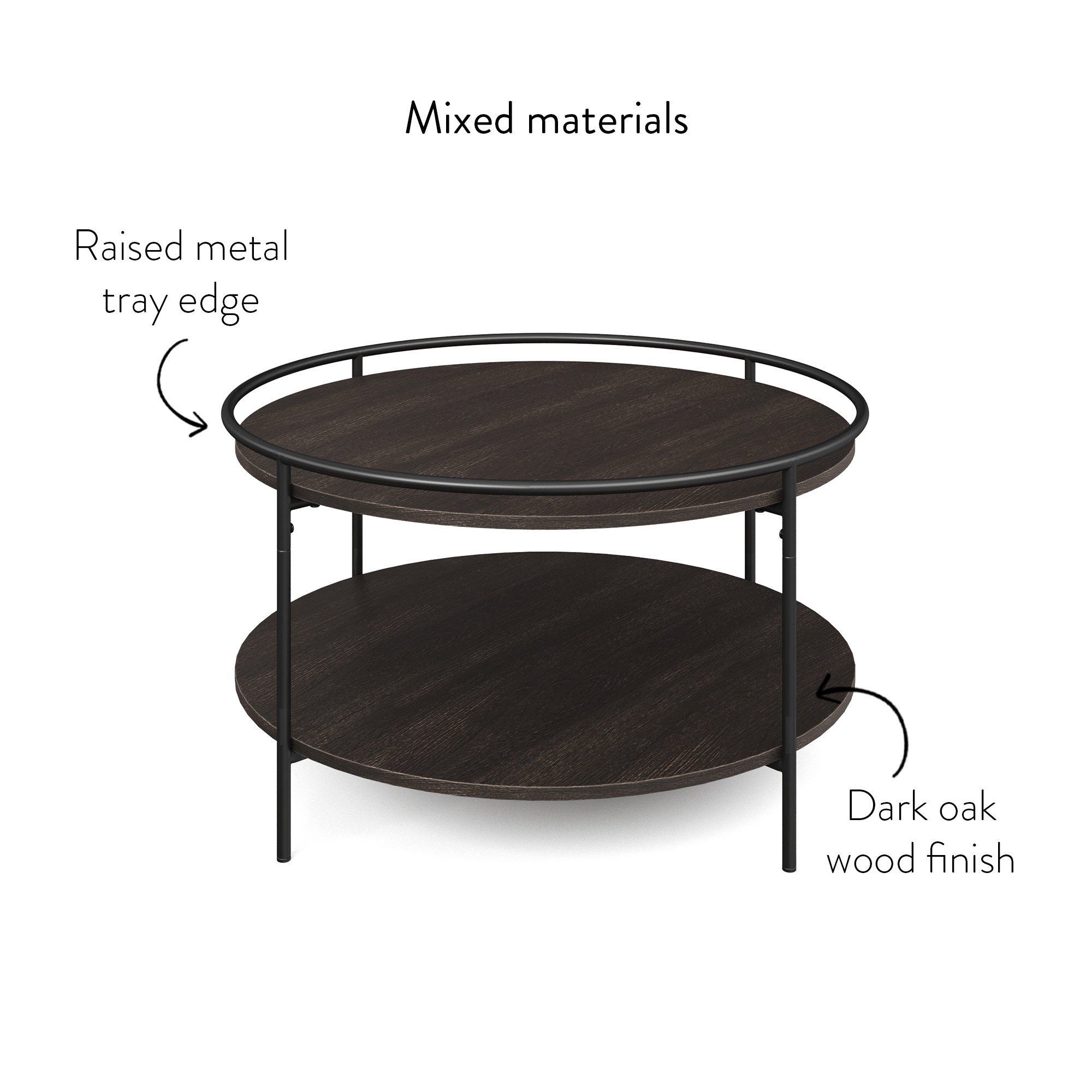Nathan James Paloma Round Coffee Table for Tea or Cocktail 2-Tier Minimalist Tray Top Edge, Dark Oak/Matte Black - image 5 of 7