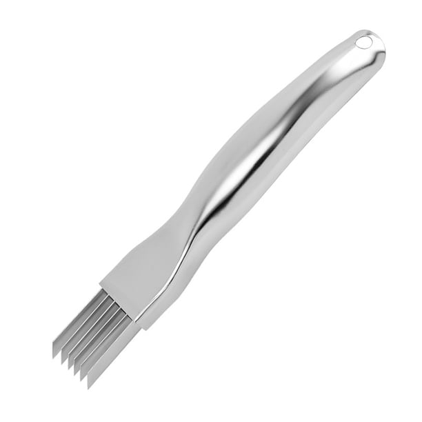 Cortador de cebolla y cubitos con 6 cuchillas, cortador de verduras de acero inoxidable para cortar en juliana, herramienta de cocina con cubierta de seguridad y mango antideslizante.