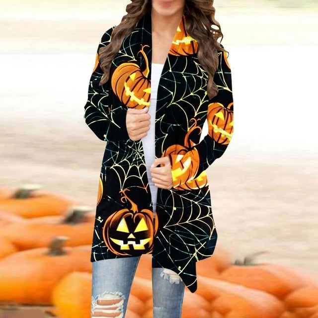 LOVZFMLL Cardigan pour Femmes à Manches Longues Mode Décontractée Blouse Manteau Imprimé d'Halloween