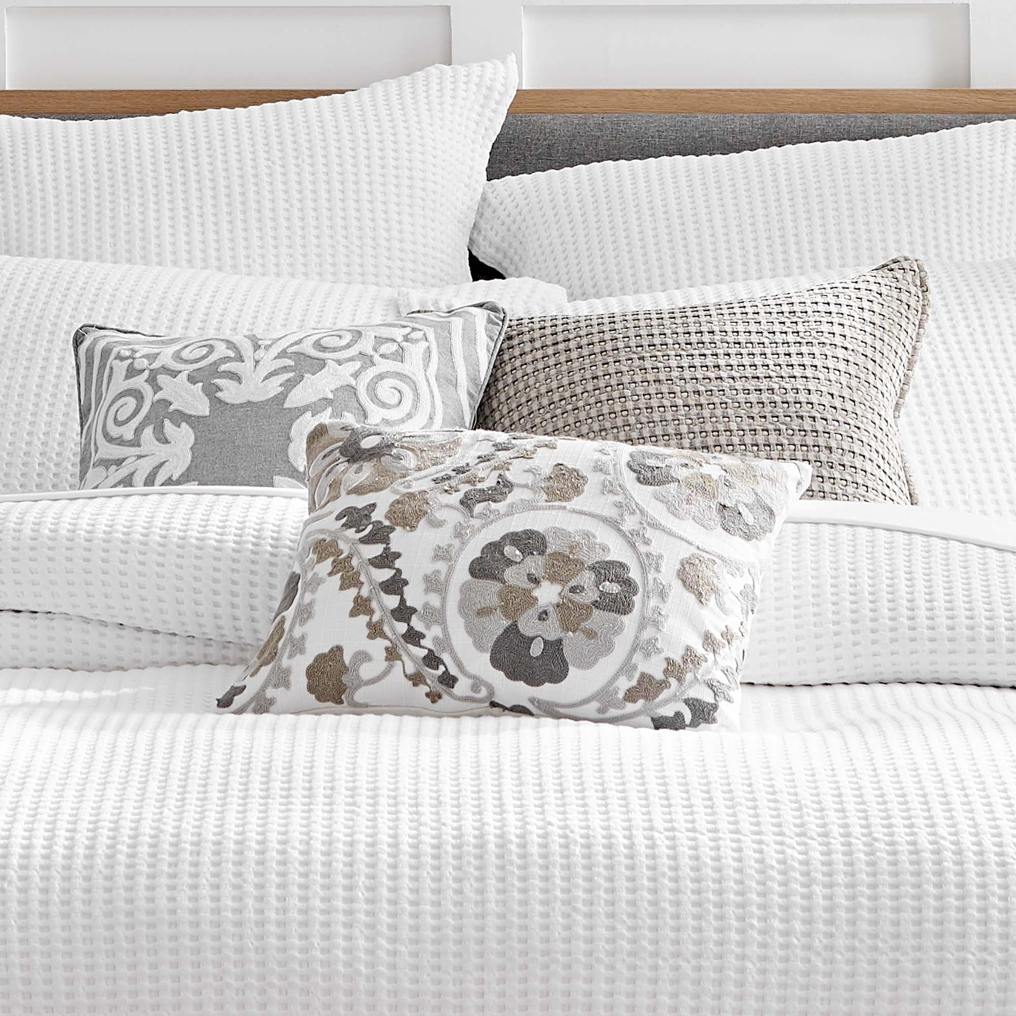 Levtex Home - Mills - Decorative Pillow (14x18in.) - crewel embroidered suzani - Light Grey, taupe, Dark Grey, White