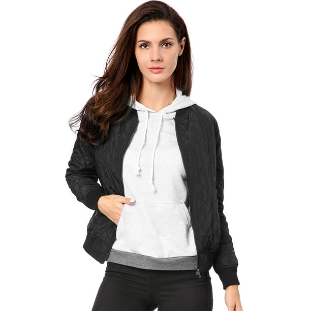 Chaqueta bomber acolchada con cremallera y mangas largas raglán para mujer con bolsillos Negro XL