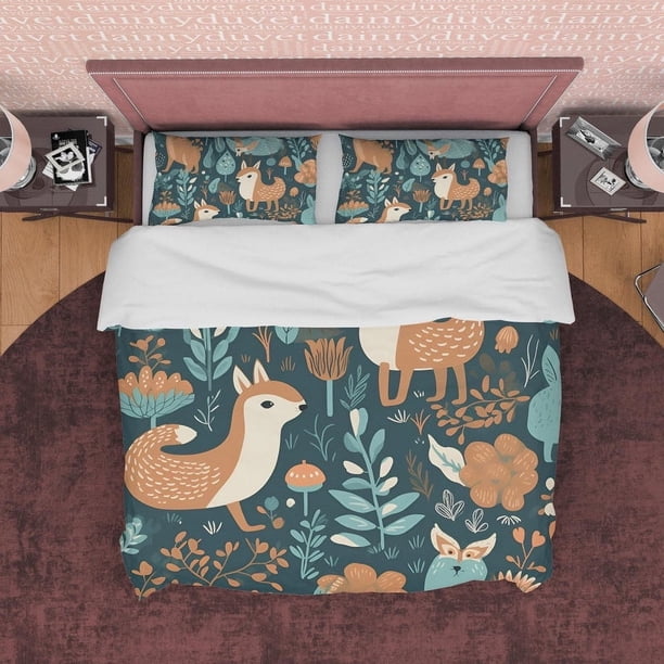 Juego de cama Jungla Retro, Funda nórdica Ciervo, Funda nórdica Bosque, Planta