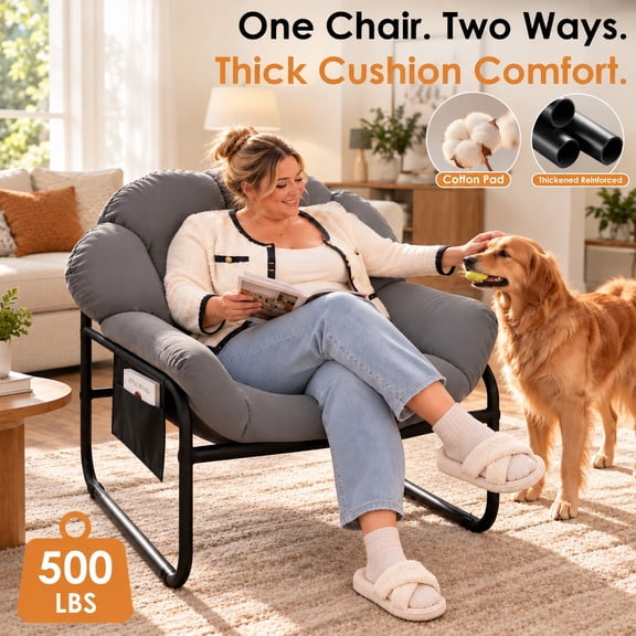 Oversized Gray Accent Chair, Modern Comfy Lounge Armchair with Removable Cushion, Metal Frame Single Sofa Chair for Living Room Bedroom