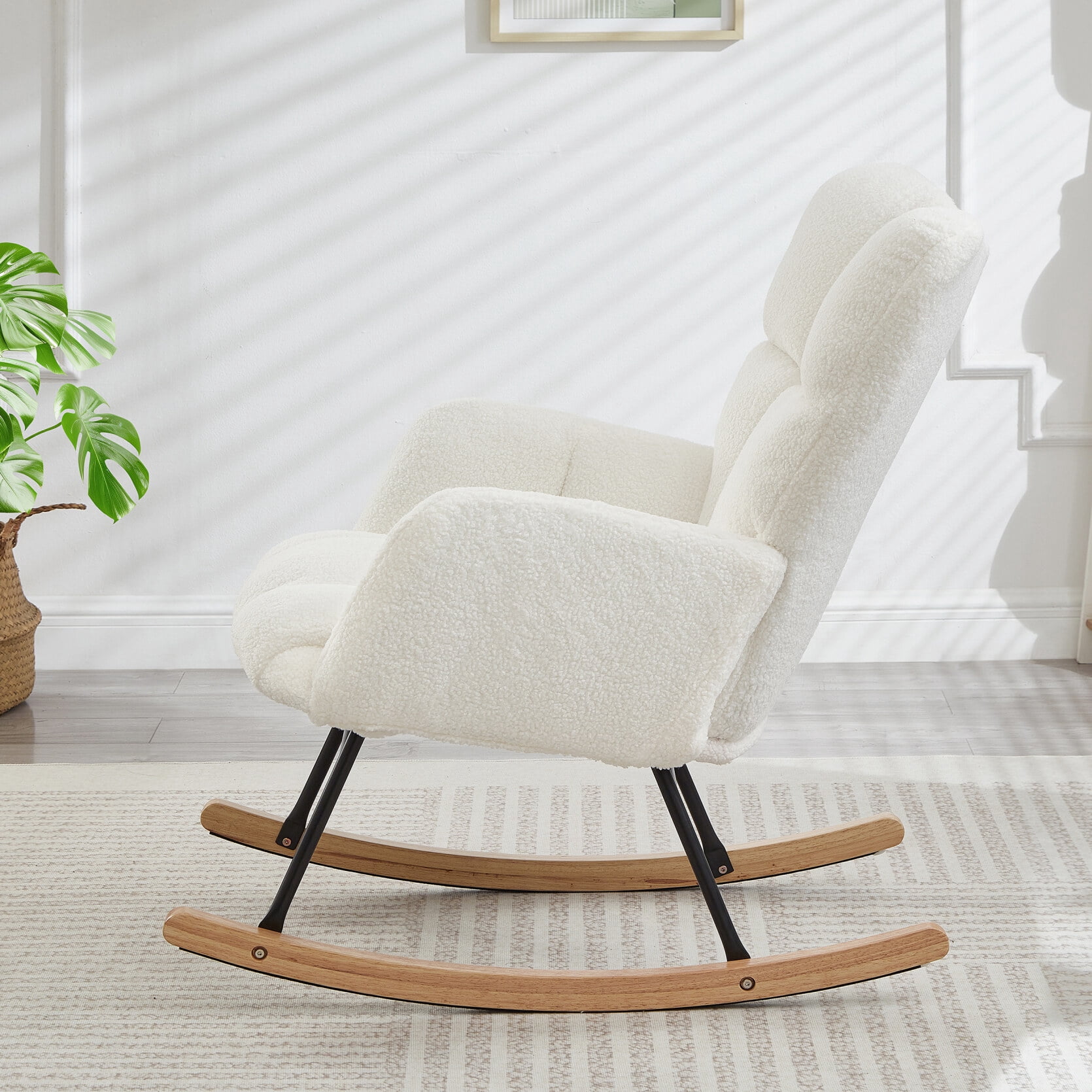 Nursery Rocking Chair, Teddy Upholstered Glider Rocker, Rocking Accent Chair with High Backrest, Comfy Armchair for Living Room Bedroom Offices, White