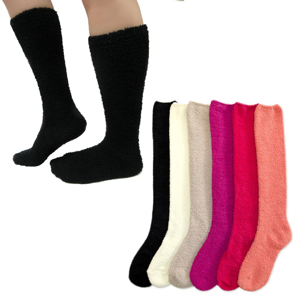 6 Pairs Women Plain Super Soft Cozy Fuzzy Socks Warm Slipper Knee High Size 9-11