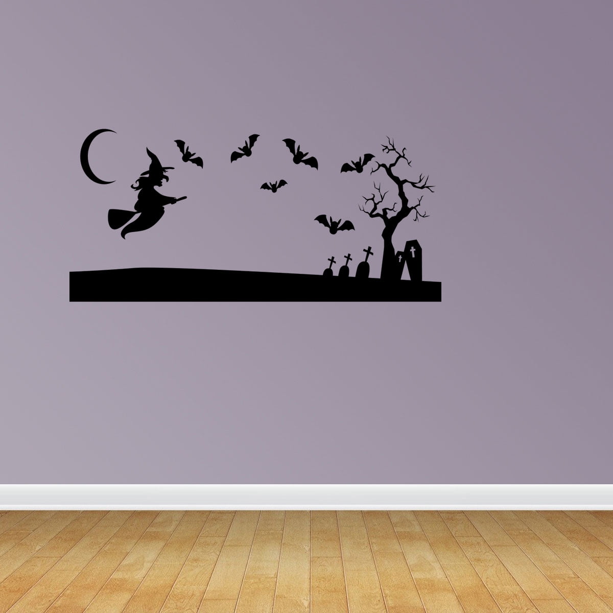 Empresal Halloween Scene Halloween Vinyl Decal Scene Including Large Tree Bats Witch And Moon Black 28'Hx13'W JP662
