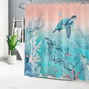 HVEST Watercolor Sea Turtle Shower Curtain Teal Turtle and Fish in Colorful Coral Shower Curtain for Bathroom Beach Coastal Theme Bathroom Shower Curtain with Hooks,72 x 72 Inch