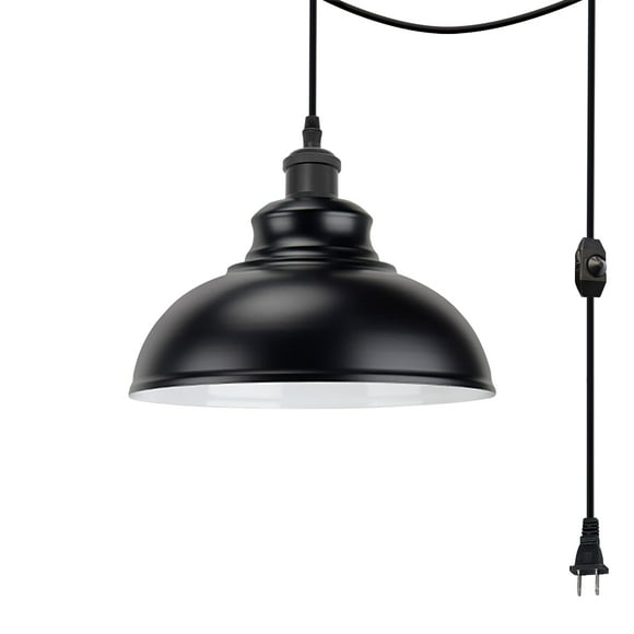 FSLiving Hanging Swag Lamp no Wiring Needed Portable Pendant Light with 15ft Plug-in UL Dimmable Cord Black Light Modern Shade Iron Circular Shape,Ceramic liner Lamp Socket Retro Hanging Lamp